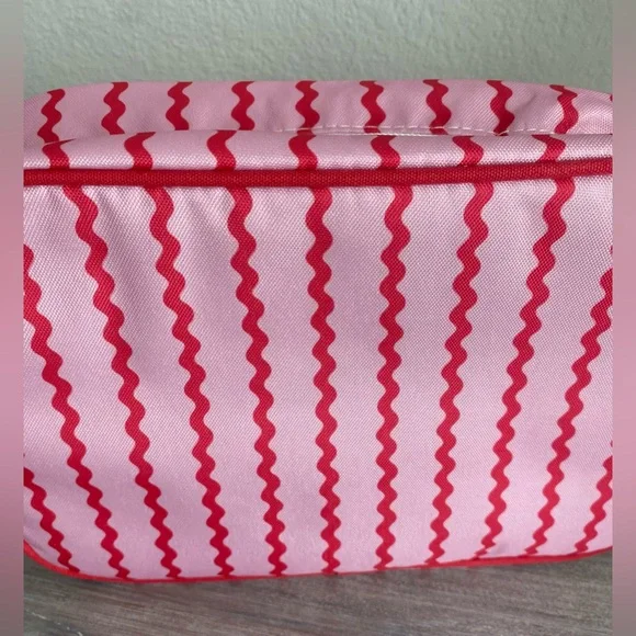 Pink Red Squiggly-Striped Boutique Fabric Zip Cosmetic Bag Tote Makeup Organizer - Picture 2 of 6